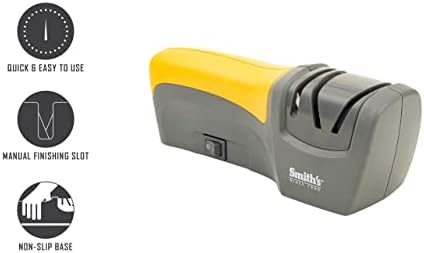 Smith's 50005 Edge Pro Compact Electric Knife Sharpener - Yellow & Grey - Straight Edge 2 Stage Sharpener - Electric & Manual Sharpening - Blade Guide - Outdoor & Kitchen - Pocket & Filet Knives