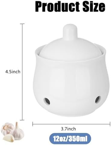 Ceramic Garlic Keeper with Lid - 12oz/350ml Ventilated Garlic Storage Container, White Kitchen Organizer for Fresh Garlic, Spice, Herb Preservation
