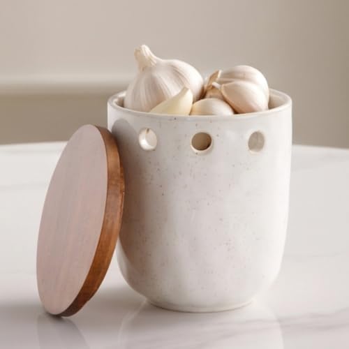 Garlic Keeper with Wood Lid, Ceramic Garlic Saver, Large Garlic Holder