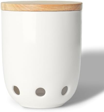 LEETOYI Ceramic Garlic Keeper for Counter, Garlic Holder with Wood Lid (White)