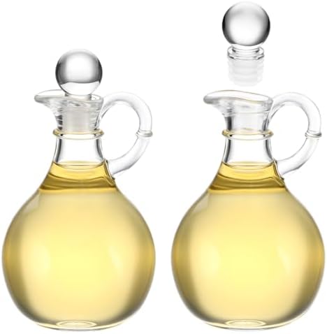 QWORK Glass Oil and Vinegar Cruets Set of 2, 8oz Clear Glass Olive Oil Dispenser Bottles with Airtight Stoppers, Round Salad Dressing Containers
