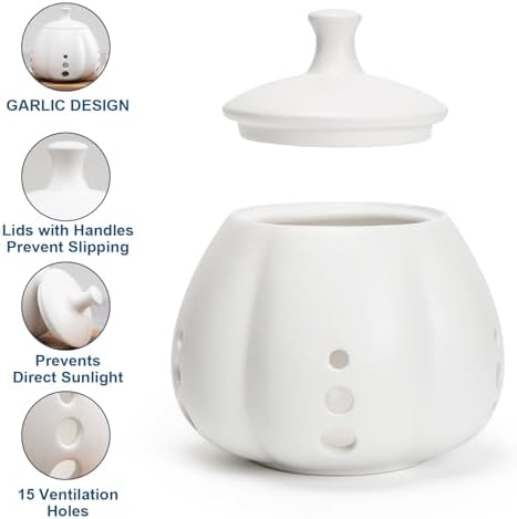 Ceramic Garlic Keeper for Counter, Large Garlic Storage with Lid Garlic Saver for Kitchen to Keep Your Cloves Fresh Longer, White