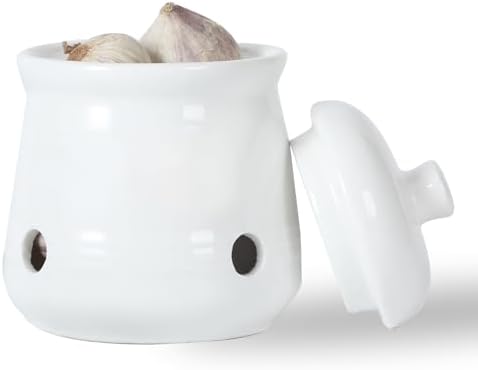 Ceramic Garlic Keeper with Lid, Mini Garlic Saver Container for Countertop, Kitchen Decor (White)