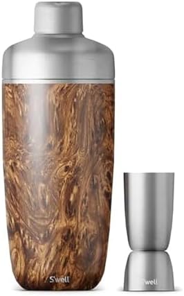 S'well Stainless Steel Shaker Set with Jigger, 18oz, Teakwood, Triple Layered Vacuum Insulated Container Keeps Cocktails Colder for Longer, BPA Free Barware