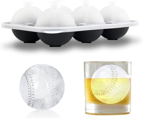 6 Chamber 2.2" 3D Baseball Gifts Ice Cube Tray With Funnel,Large Round Ice Ball Maker Mold Silicone Fun Shapes Bourbon Sphere Ice Molds,For Chilling Whiskey,Cocktails,Bourbon,Brandy and Beverages