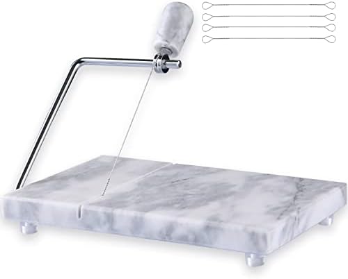Cheese Slicer, Cheese Cutter Heavy Duty 5" x 8", Polished Marble Cheese Slicer Board for Cut Block Cheeses, Butter, Meats, Other Appetizers (White Grey)