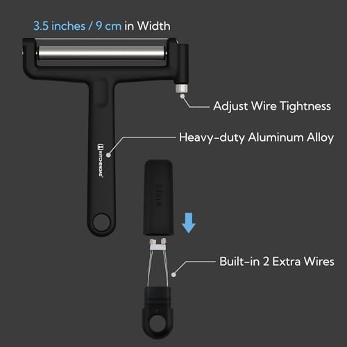 KITCHENDAO Replaceable Wire Cheese Slicer,50% Stronger Wires with 2nd Gen Wire Fixing Mechanism, Tightness Adjustable Aluminum Cheese Cutter, Easy Replacement, 2 Extra Wires