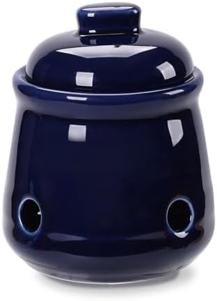 Ceramic Garlic Keeper with Lid, Mini Garlic Saver Container for Countertop, Kitchen Decor (Navy)