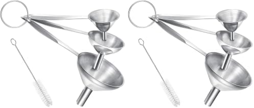 Small Funnels for Filling Bottles, 3 Pcs Stainless Steel Kitchen Funnel Set, Food Grade Mini Metal Funnel for Transferring Oil Liquid, Easy Cleaning with a Brush (Long Handle) (Pack of 2)