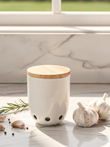 LEETOYI Ceramic Garlic Keeper for Counter, Garlic Holder with Wood Lid (White)