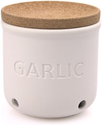 Okavango Garlic Keeper - White Ceramic Container with cork lid - Garlic Storage - Garlic Holder Countertop - Garlic Jar -Saver - Bowl - Garlic Cellar (White, 16oz)