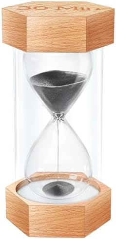 Hourglass Sand Timer 30 Minute, Natural Wood Grain Hexagonal Hour Glass Black Sand Clock, Reloj De Arena, Wooden Sandglass Sand Watch 30 Min for Rustic Desk Decor, Office, Game, Classroom