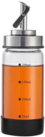 Verdental 7 oz Small Glass Oil Dispenser Bottle for Kitchen Stainless Steel Cruet Pourer Spout for Olive Oil Vinegar Coffee Syrup Soy Sauce Other Liquids with Non-slip Silicone Ring and Labels (200ml)