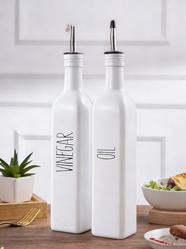 Glass Oil Dispenser for Kitchen, White Olive Oil Dispenser Bottle & Vinegar Dispenser Set, 17 oz Borosilicate Glass Cooking Oil Container, Oil Bottle with Leak-Proof Spout，