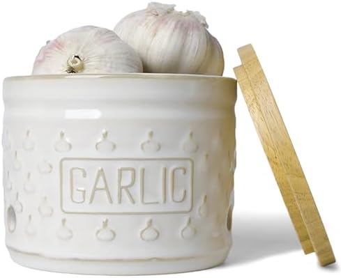 Ceramic Garlic Keeper with Lid, Garlic Holder 4.3-Inch (Vintage Whtie)