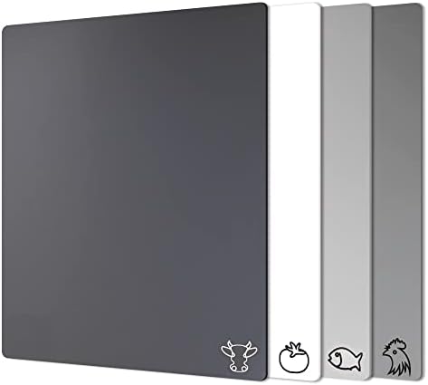 Fotouzy Plastic Cutting Boards with Food Icons, Flexible Cutting Mats, Set of 4, BPA-Free, Non-Porous, Non-slip Back and Dishwasher Safe, Modern Neutral Colors Gray