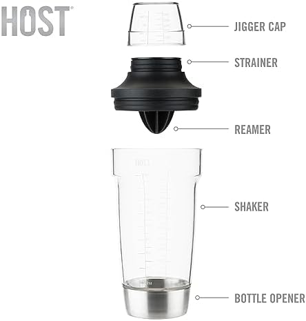 Host All in One Cocktail Shaker Set with Measurements, Reamer, Bottle Opener, Strainer and Jigger for Cold Brew Cocktails, Home Bar, Bartending, Camping, Picnic, Outdoor Party, On the Go, 18 oz