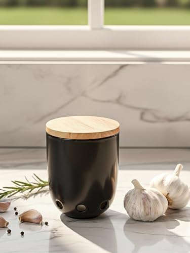 LEETOYI Ceramic Garlic Keeper for Counter, Garlic Holder with Wood Lid (Black)