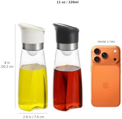 Premium Glass Olive Oil and Vinegar Dispenser Bottles Set, 2-Piece 11oz Kitchen Cooking Cruet with Auto-Open Lid, Non-Drip Pouring Spout, Oil Infuser Filter, Dishwasher Safe
