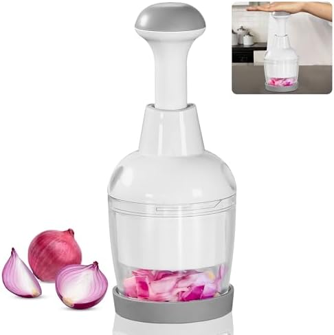 Food Chopper, Vegetable Chopper with Container, Onion Chopper Vegetable Cutter, Manual Veggie Chop Handheld Food Chopper for Garlic, Nut, Stainless Steel Blades, Dishwasher Safe, Easy to Clean, White