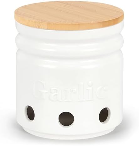 Garlic Keeper for Counter - Holder with Bamboo Lid, Container to Keep Your Garlic Cloves Fresh Longer,Large Ceramic Storage for Kitchen