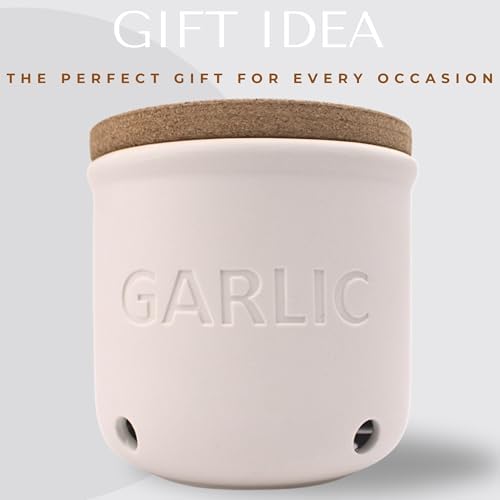 Okavango Garlic Keeper - White Ceramic Container with cork lid - Garlic Storage - Garlic Holder Countertop - Garlic Jar -Saver - Bowl - Garlic Cellar (White, 16oz)