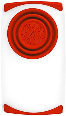 Dexas Over the Sink Poly Cutting Board with Collapsible Colander Strainer, 11.5 x 20",Natural/Red