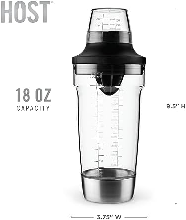 Host All in One Cocktail Shaker Set with Measurements, Reamer, Bottle Opener, Strainer and Jigger for Cold Brew Cocktails, Home Bar, Bartending, Camping, Picnic, Outdoor Party, On the Go, 18 oz