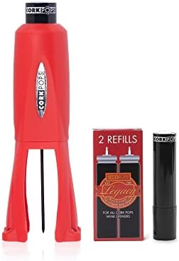 Cork Pops Legacy Wine Opener Built-in 4-Blade Foil Cutter Safe Cork Removal, Effortless Push Button Use, Needle Guard for Safety, Low-Pressure Cartridge Opens Up To 60 (Red, With 3 Cartridges)