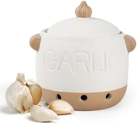 6.1' White Ceramic Garlic Keeper with Lid & Vent Holes for Counter