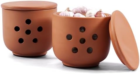 EARTHEN CRAFTS Terracotta Garlic Keeper with Lid 4.5" Handmade Clay Storage Jar with Vent Holes for Kitchen Countertop, Breathable Rustic Garlic Crock for Fresh Cloves
