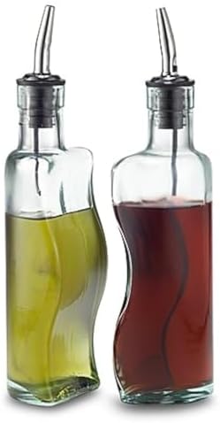TableCraft Puzzle Shaped Oil and Vinegar Bottle Set | Steel Free-Flow Pourers (Glass, 8-Ounce)