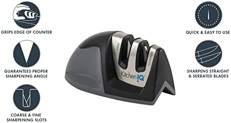 KitchenIQ 50009 Edge Grip 2-Stage Knife Sharpener, Black, Coarse & Fine Sharpeners, Compact for Easy Storage, Stable Non-Slip Base, Soft Grip Rubber Handle, Straight & Serrated Knives