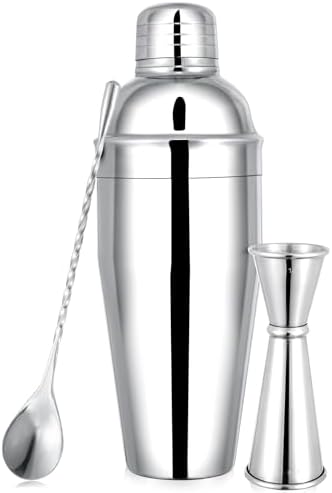BARsics 24oz Stainless Steel Bar Cocktail Shaker, 1oz/2oz Jigger and 8" Mixing Spoon