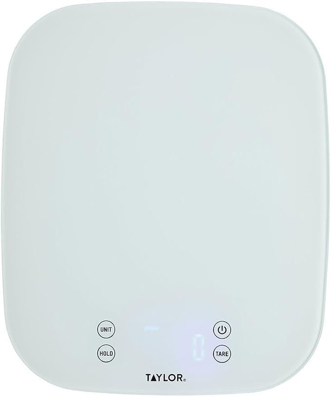 Taylor Pro Digital Kitchen Food Scales, Compact Professional Standard with Precision Accuracy and Waterproof Design with Tare Feature, White Glass, Weighs 14 kg/14 L Capacity