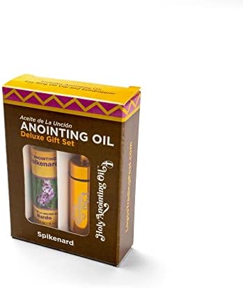 Spikenard Anointing Oil from Israel Boxed Gift Set with Dispenser, Holy Jerusalem Oil & Gold Metal Keychain Bottle Container, Plastic Dropper & Small Glass Vial, Aceite Ungido y Botella