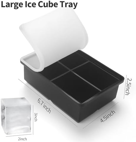 Large Ice Cube Trays for Whiskey: BECOKIT Big Silicone Ice Cube Trays - 3 * 2Inch Square Ice Cubed Tray for Bourbon Whisky and Cocktail - 2Pack Giant Silicon Ice Cube Tray (Black 2 Tray)