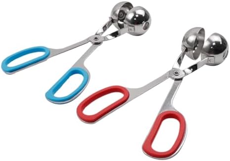 2 Pcs Meatball Maker Tongs None-Stick Meatball Maker Stainless Steel Meat Ballers Scoop Ball Maker Ice Tongs for Meat, Cake Pop, Ice Cream Scoop, Fruit, Cookie Dough, Melon -Red & Blue（M Size）