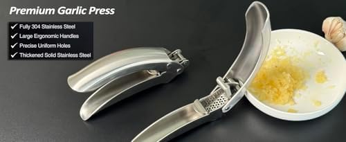 No Peeling Required Garlic Press Stainless Steel with Detachable Handle for Fine Mincing - Premium Garlic Mincer Tool, Rust-Proof, Easy to Clean, Dishwasher Safe Garlic Crusher with 5-Year Warranty