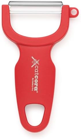 CatCora Swiss-Style Peeler, Professional German Tempered Stainless Steel Blade For Peeling Fruits and Vegetables and Garnishing, Ergonomic Contoured Handle, Red