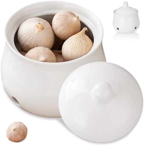 Garlic Keeper for Counter Ceramic Garlic Holder with Lid Breathable Holes Storage Container for Kitchen Countertop Holder