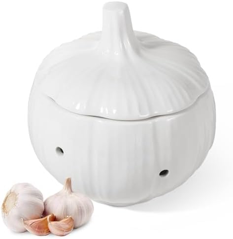 Ceramic Garlic Keeper for Counter with Lid Ventilation Holes