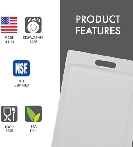 Dexas NSF Certified Polysafe Cutting Board, 12 x 18 Inches, Reversible Kitchen Cutting Board with Handle and Juice Well, White