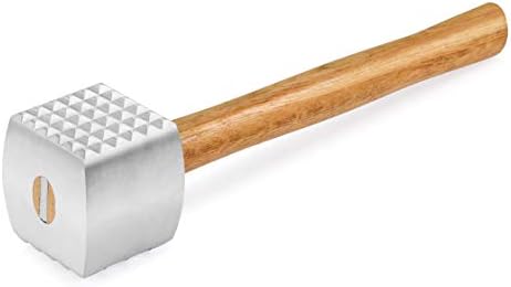New Star Foodservice Improved Quality Aluminum Meat Tenderizer with Wood Handle, 13 Inch Meat Mallet and Hammer, Dual-Sided Tenderizer for Beef, Chicken, Pork, and Venison