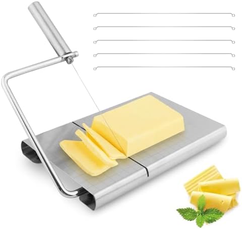 Stainless Steel Cheese Slicer Cutter with Wire - Adjustable Board & 6 Replacement Wires, Perfect for Cheese, Butter, Veggies & Sausage (Silver)