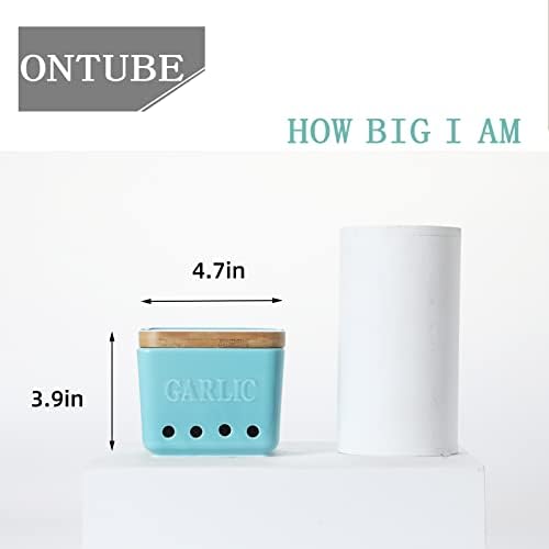 ONTUBE Garlic Keeper with Lid, Ceramic Garlic Holder Storage 4.7-Inch (Turquoise)