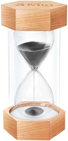 Sand Timer 3 Minute Hourglass, Natural Wood Grain Hexagonal Hour Glass Black Sand Clock 3 Minutes, Reloj De Arena, Wooden Sandglass Sand Watch 3 Min for Rustic Desk Decor, Office, Game, Classroom