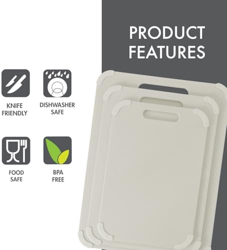 Dexas Fresh Prep 3-Pack Non-Slip Cutting Board Set – Dishwasher Safe Plastic Boards with Silicone Grip Corners & Handle, Cream (14.17" x 10.63", 12.6" x 9.06", 11.02" x 7.48")