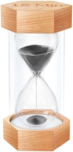 Hourglass Sand Timer 15 Minute, Natural Wood Grain Hexagonal Hour Glass Blaçk Sand Clock, Reloj De Arena, Large Wooden Sandglass Sand Watch 15 Min for Rustic Desk Decor, Office, Game, Classroom