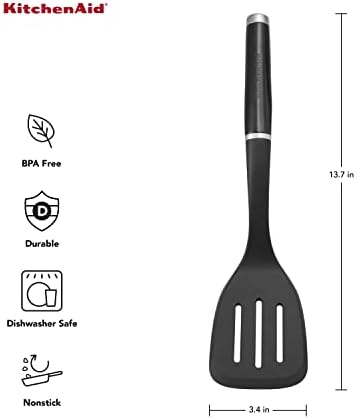 KitchenAid Classic Plastic Cutting Board with Perimeter Trench and Non Slip Edges, Dishwasher Safe, 11 inch x 14 inch, White and Gray & Classic Slotted Turner, One Size, Black 2, 13.66-Inch